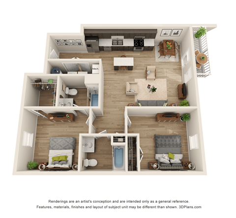 Floor plan for 2 beds, 2 baths, 1104 sqft